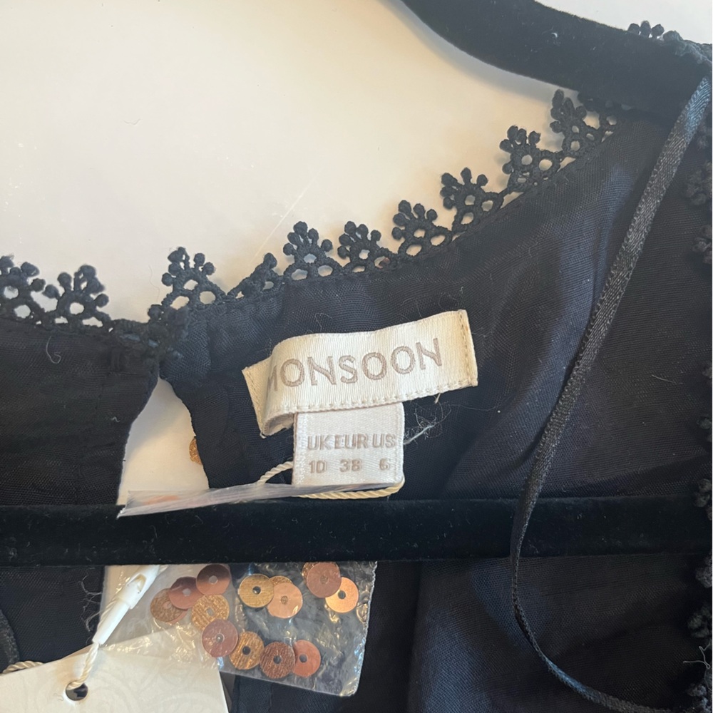 Monsoon Black Midi Dress with Gold sequin and lace detailing - Picture 8 of 9